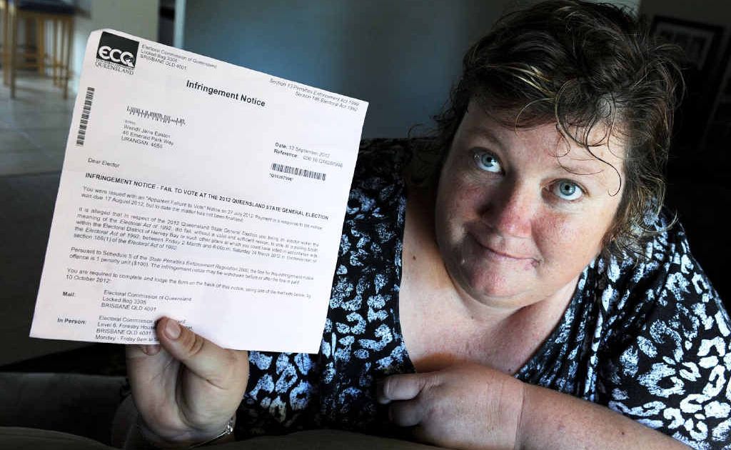 Wendii Easton says she was sent the infringement notice despite voting in the Queensland election. Wendii Easton says she was sent the infringement notice despite voting in the Queensland election.